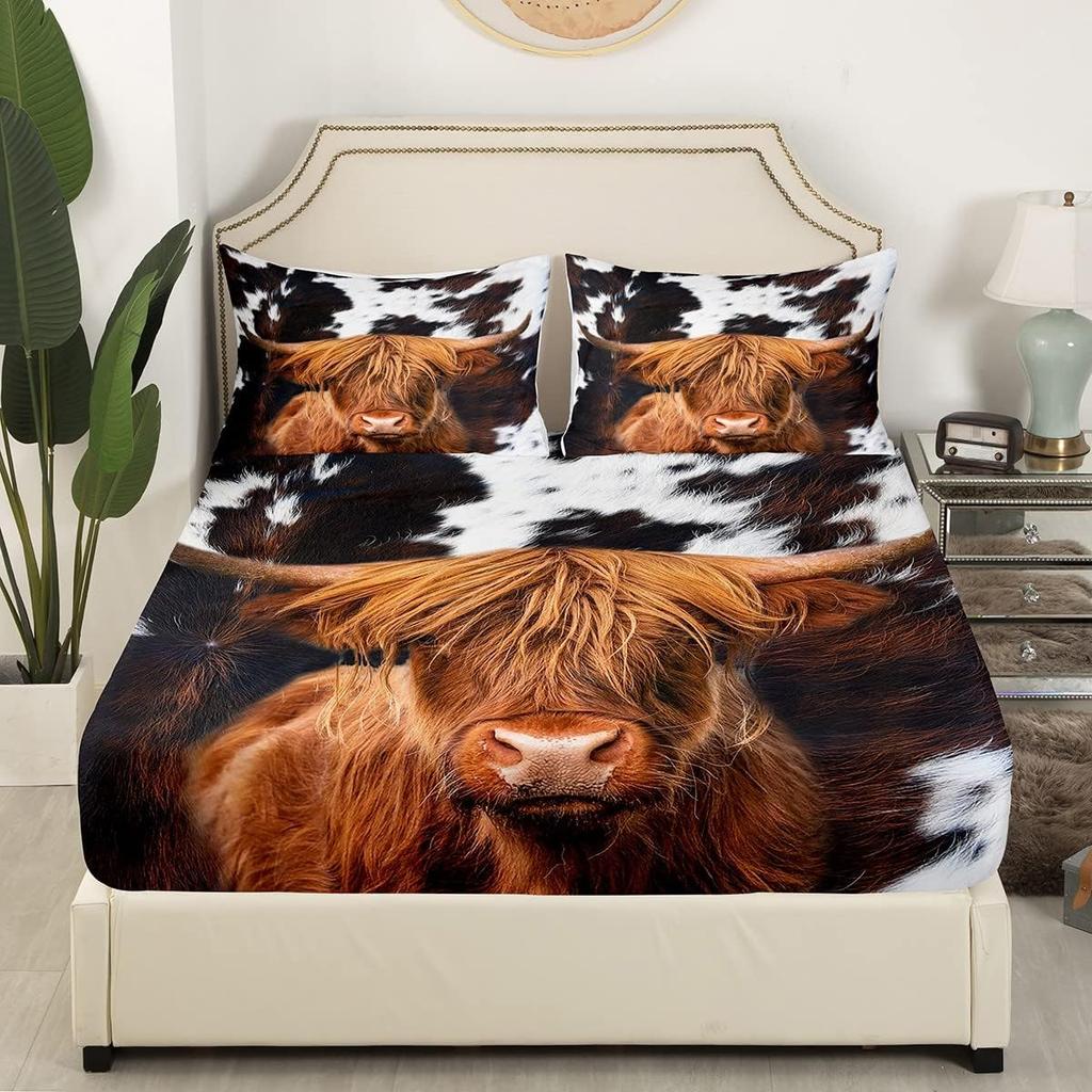 Homewish Highland Cattle Fitted Sheet Twin,Cow Fur Bedding Set 2pcs for Kids Teens Adult Room Decor,Farmhouse Animals Cowhide Bed Cover Black White