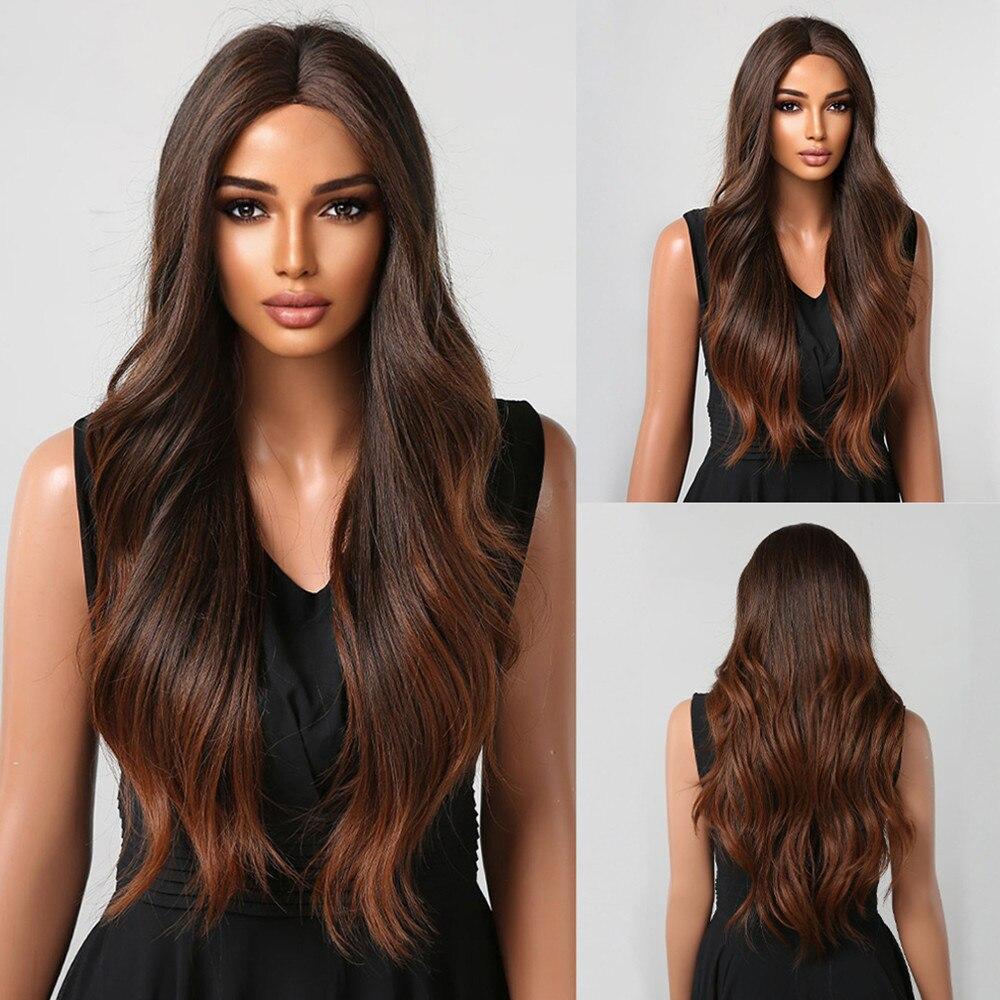 ALAN EATON Brown Highlight Wave Wig Long Synthetic Hairline Lace Wigs Natural Looking Heat Resistant Fiber for Women Party Daily