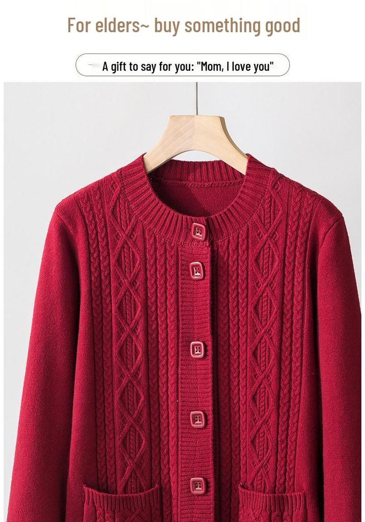 Cardigan a Maglia Rosso a Maniche Lunghe per Mamme - Elegante Maglione Autunnale per Donne di Mezza Età