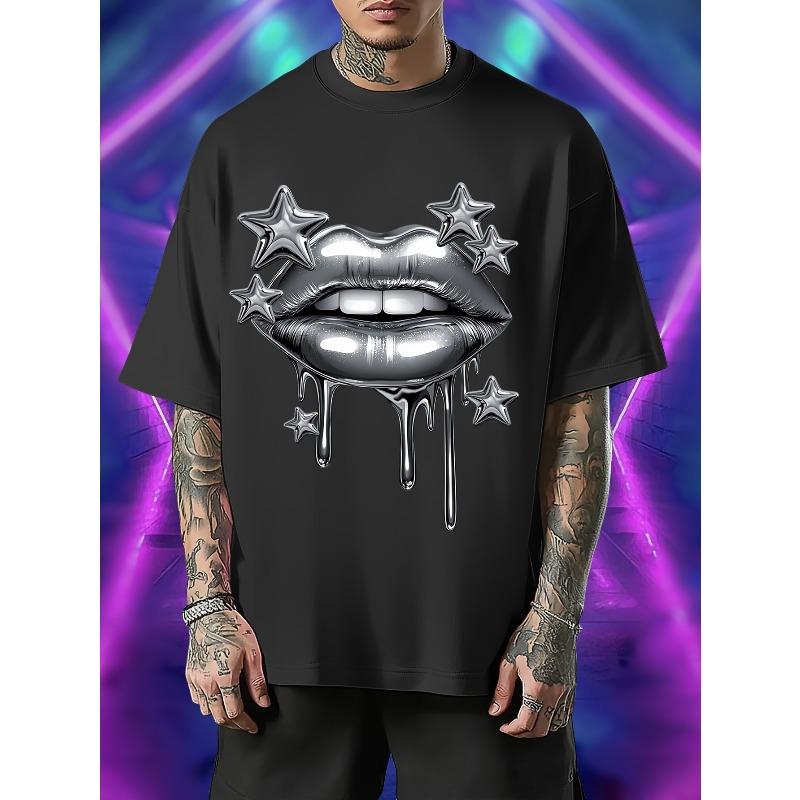 

Men s Y2K Metal Lips Star Trendy Pattern Print T-shirt, Round Neck Casual Summer Shirt, Machine Washable Comfortable Top S чёрный