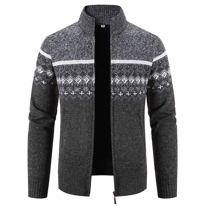 Men s Autumn/Winter Zipper Cardigan: Plus Velvet, Thickened Knit Sweater with Stand Collar - Handsome Style XXXL