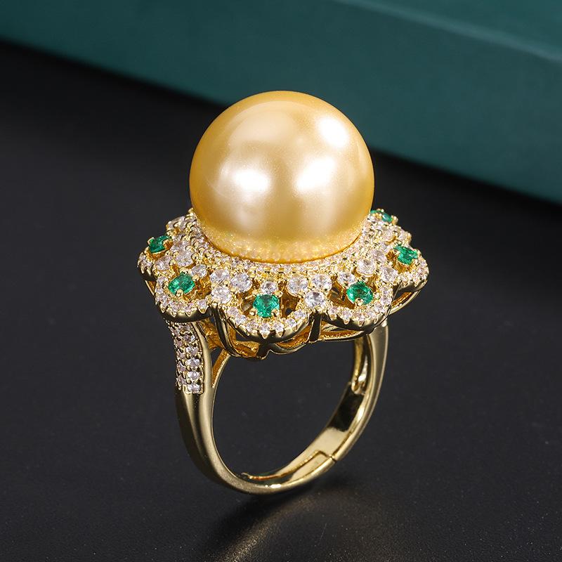 2026 new European and American retro inlaid Austrian fritillary pearl inlaid with diamonds flower women's ring 16mm
