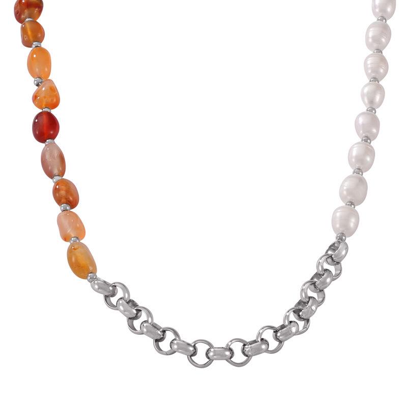 Elegant 18k Gold-Plated Titanium Necklace: Natural Stone, Pearl Beads & O-Chain