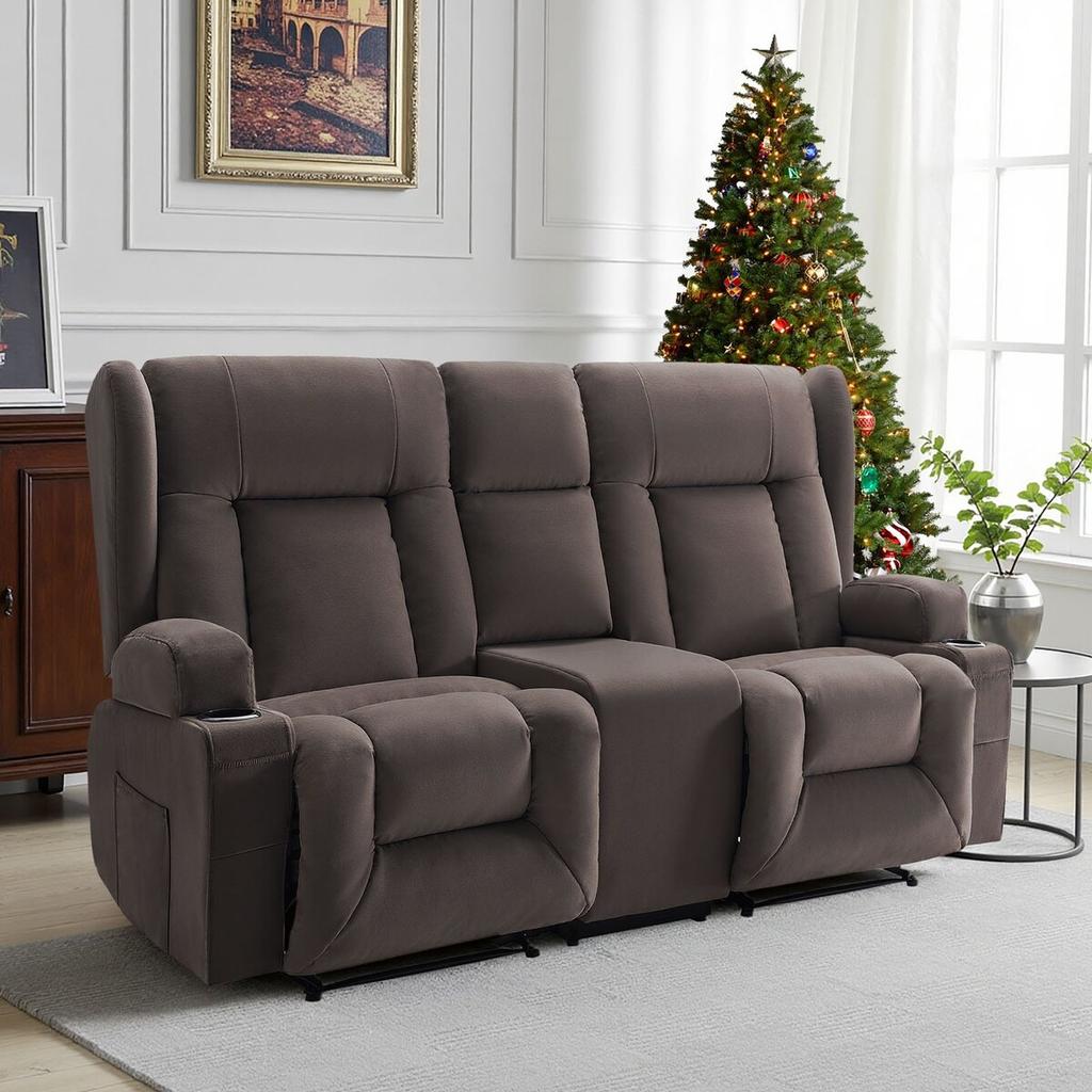 Loveseat Recliner Sofa, Power Reclining Couch with Heating & Massage, Suede Electric Recliner Sofa with Center Console, USB Ports, Cup Holders & Side