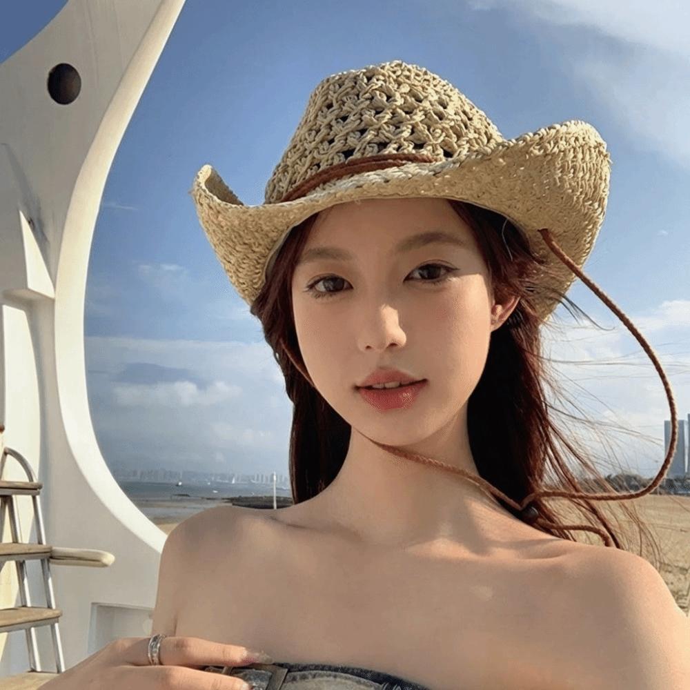 Wide Brim Sunscreen Straw Hat Solid Color Fisherman Hat Retro Western Cowboy Hat  Girl