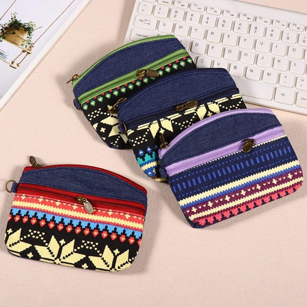 New Printed Fabric Money Bag Double Zipper Ethnic Style Handbag Coin Purse Women Girls