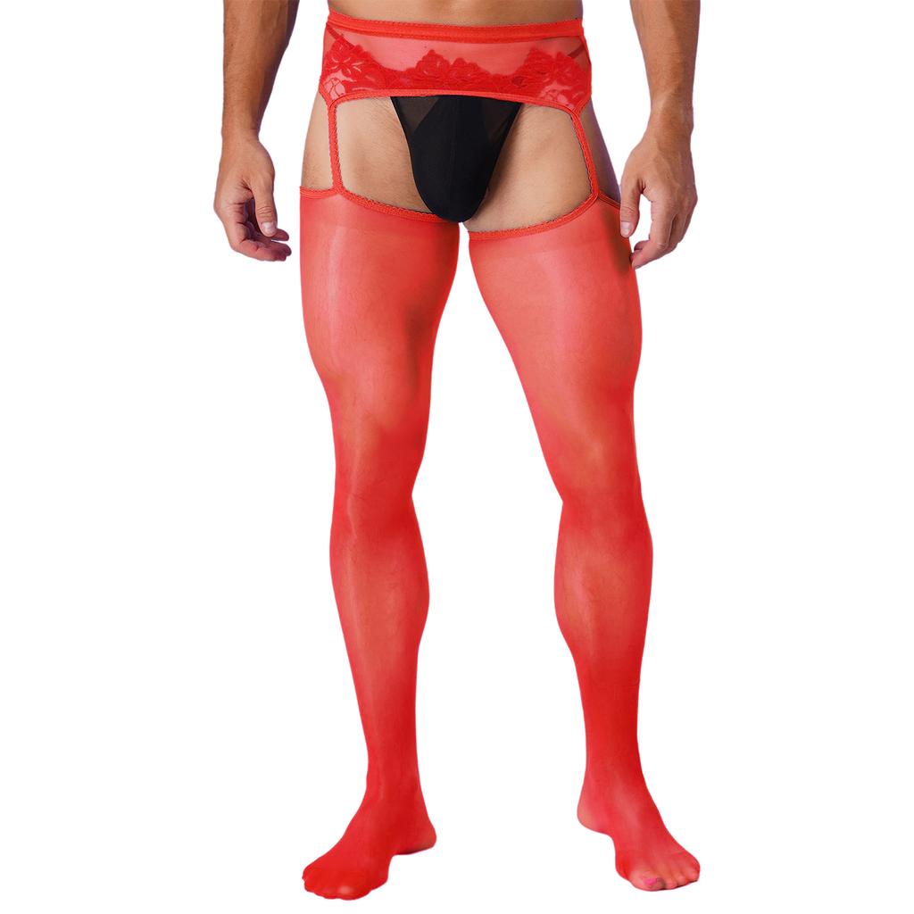 Mens Crotchless Pantyhose Floral Lace Design Open Leggings One Piece Garter Stockings Club Wear