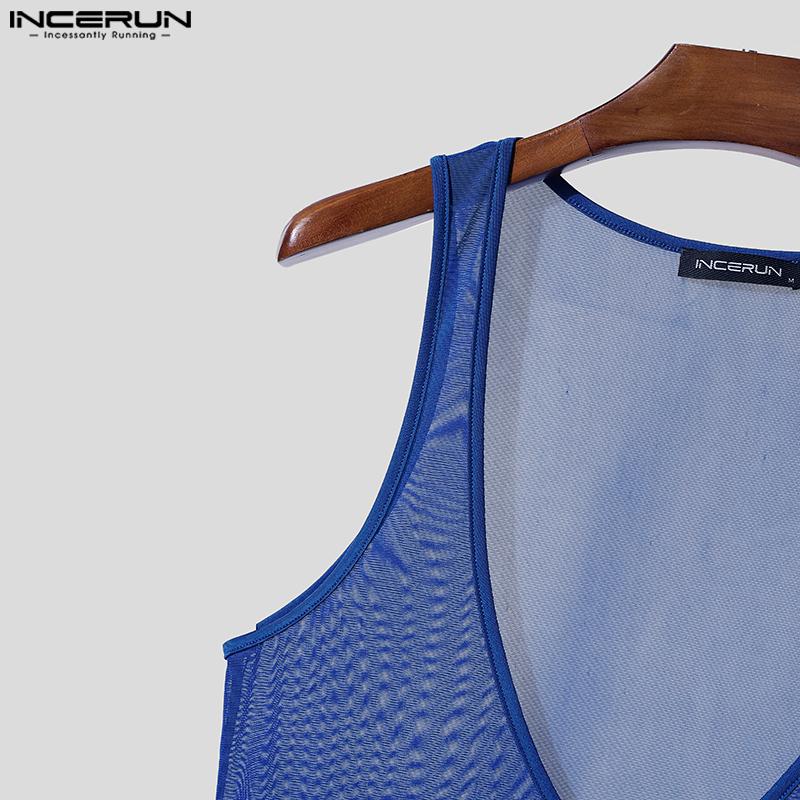 INCERUN Men Deep V Neck Sleeveless See Through Mesh Sheer Tank Tops