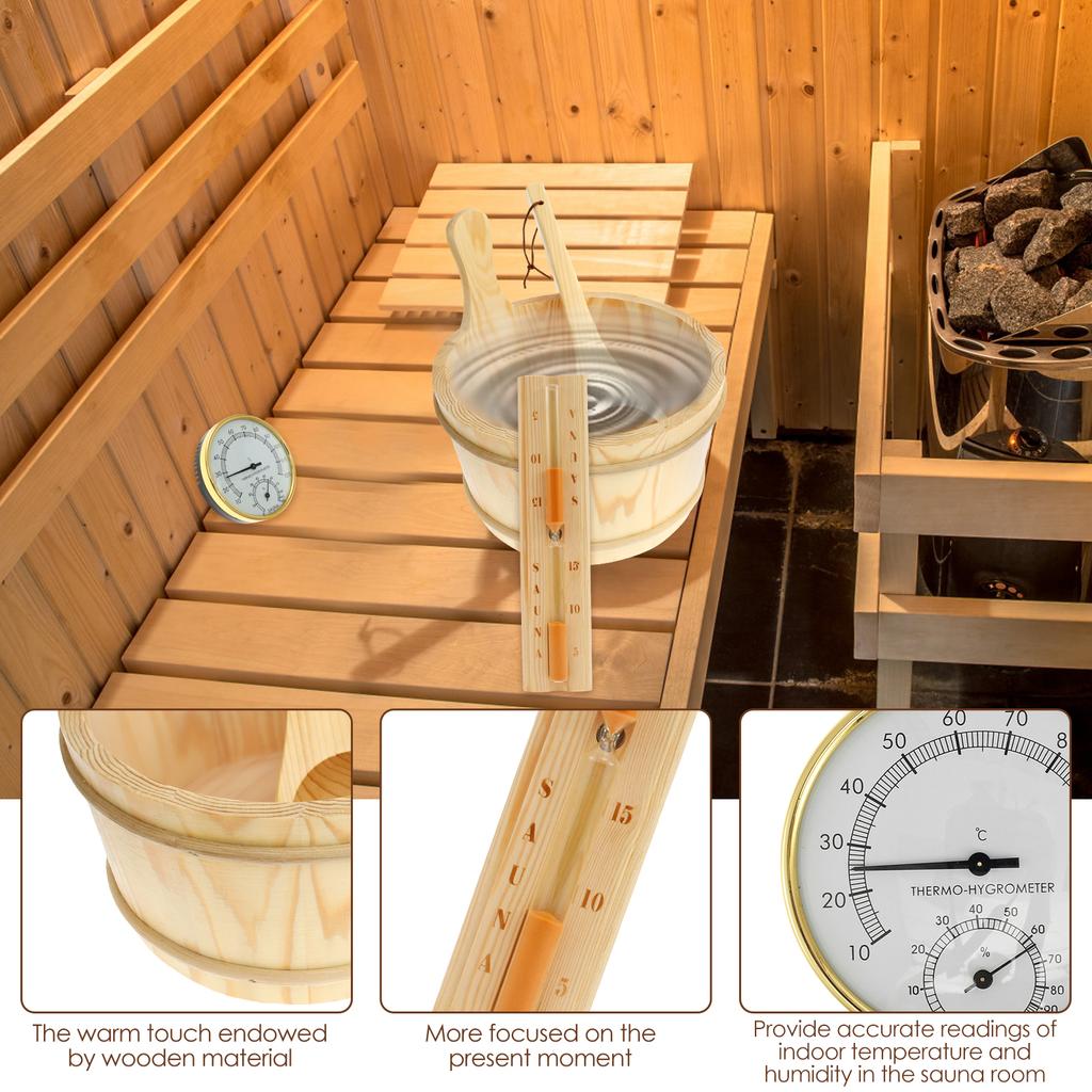 4-delige Set Sauna Accessoires Houten Sauna Emmer Sauna Lepel met Handvat Ontwerp 2-in-1 Sauna Thermometer&Hygrometer Zandloper Timer