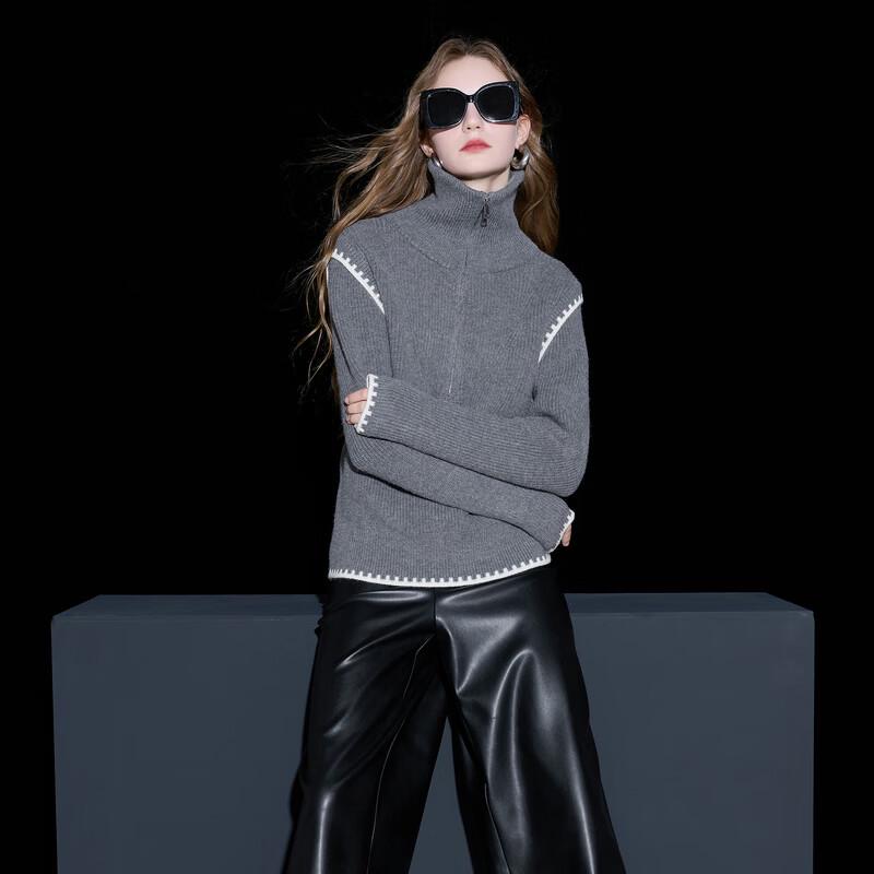 Sancai Winter Zipper Lapel Loose Knit Pullover