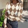 Women's Casual Plaid Print Crewneck Long Sleeve Ribbed Top for Everyday Wear and Work