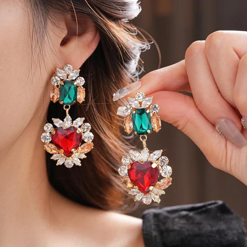 DREJEW 2025 Zircon Heart Pendant Earrings Necklace Exaggerated Retro Light Luxury Jewelry Set for Women Wholesale