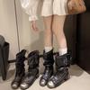 Fashion 2025Square Toe Lace-Up Bow Pleated Fashion Boots Vintage Block Heel Mid-Leg Boots for Women