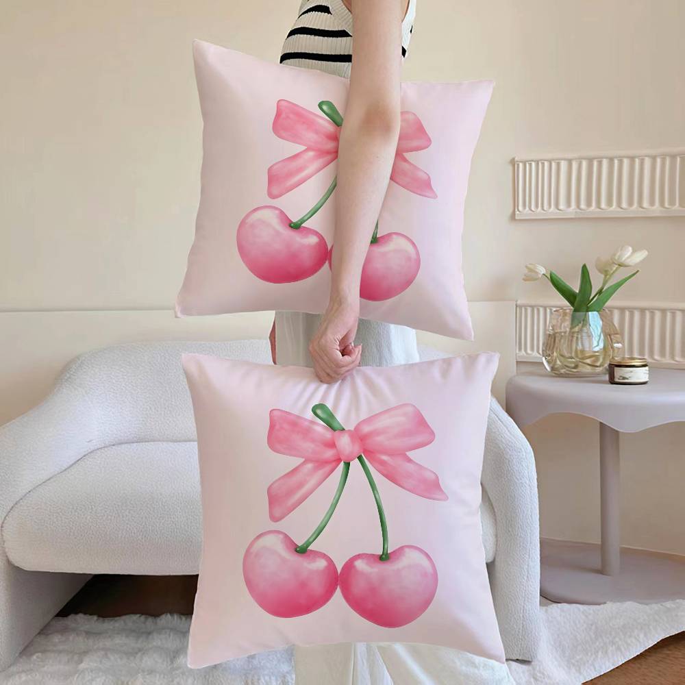 Pink Bow Cherry Pillow Case Sofa and Living Room Decorative Cushion Covers Dust-proof and Mite-proof Invisible Zipper