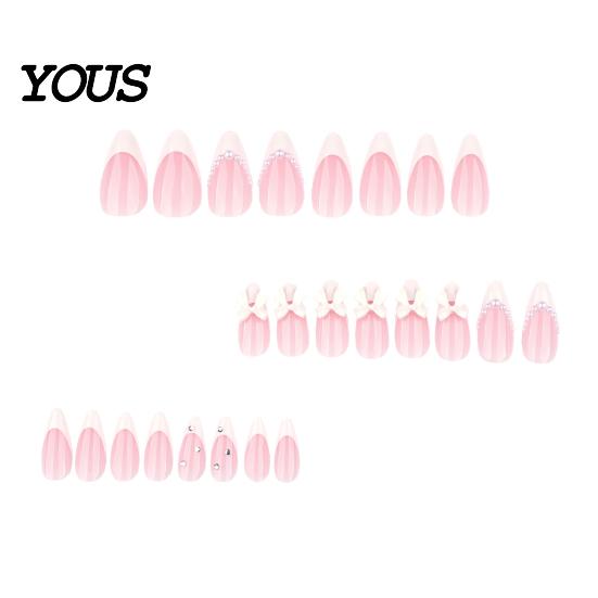 Easy Apply Fake Nails 24Pcs Nude Pink Press on Nails, White Bow Faux Pearl Glue False Almond French Tip Stick-on Decoration 24PCS