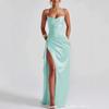 Vestido de verano europeo y americano nuevo, elegante y moderno, de color liso, con tiras, abertura larga, hombros descubiertos para mujer
