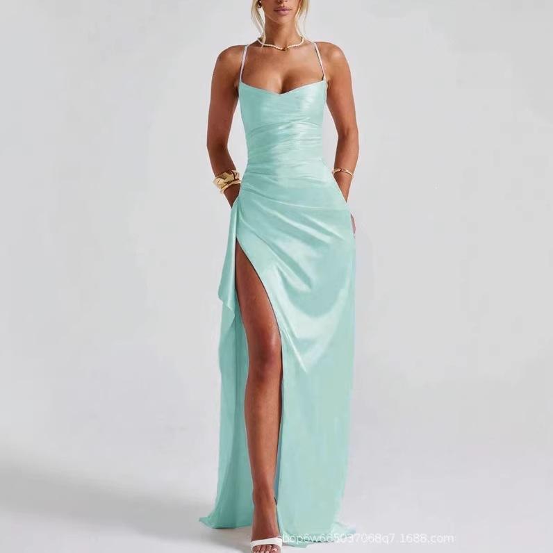 Vestido de verano europeo y americano nuevo, elegante y moderno, de color liso, con tiras, abertura larga, hombros descubiertos para mujer