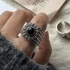925 Sterling Silver Rings For Women Geometric Fine Jewelry Finger Adjustable Wide Sun Black Stone Ring For Party Birthday Gift