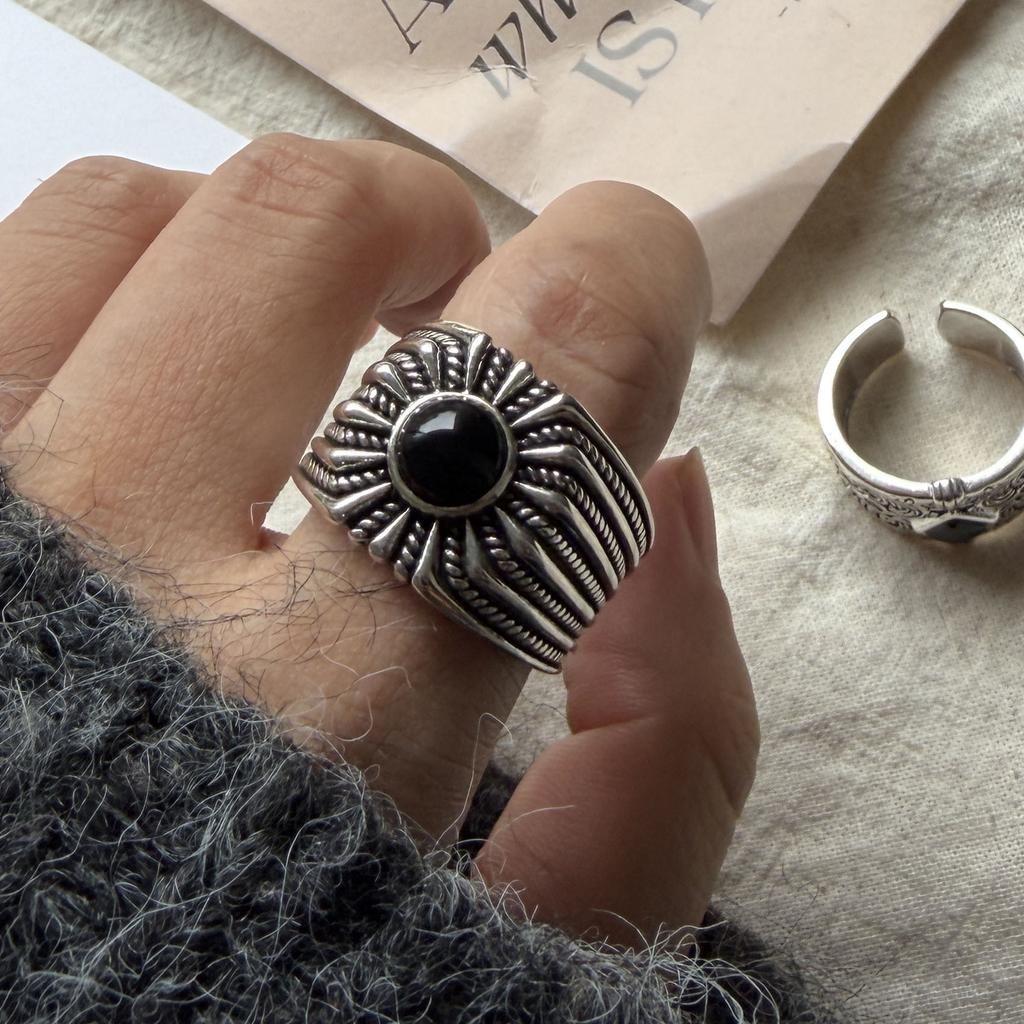 925 Sterling Silver Rings For Women Geometric Fine Jewelry Finger Adjustable Wide Sun Black Stone Ring For Party Birthday Gift
