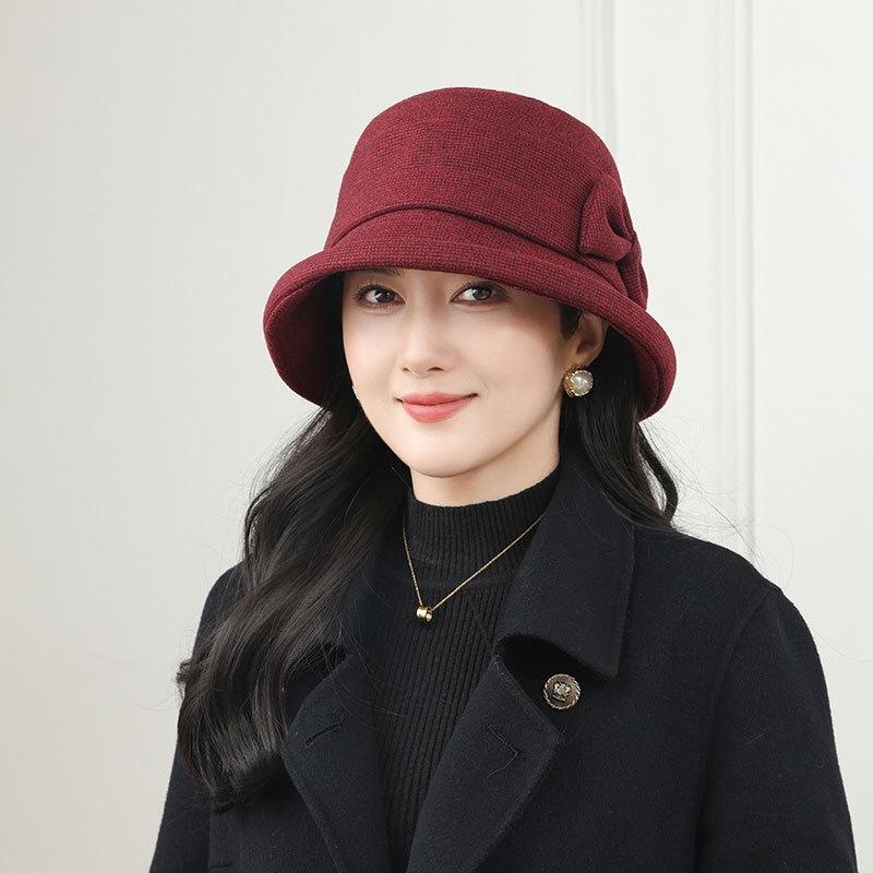 New Women's Woolen Basin Hat Elegant Bow Fisherman Hat Autumn and Winter Thermal Hat