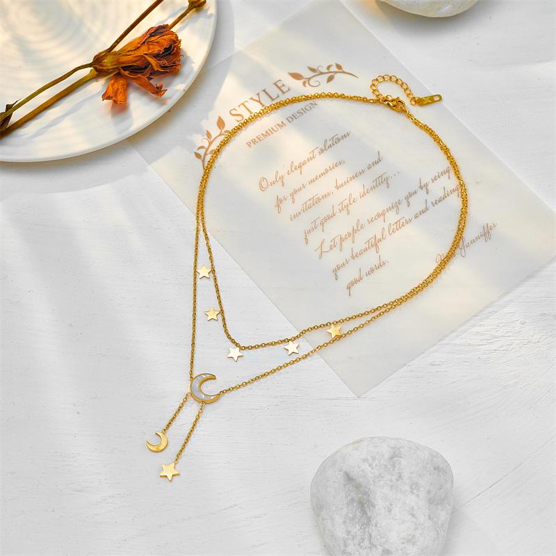 DIEYURO 316L Stainless Steel Star Moon Long Pendant Necklace For Women New Fashion Girls Multilayer Clavicle Chain Zircon Gifts
