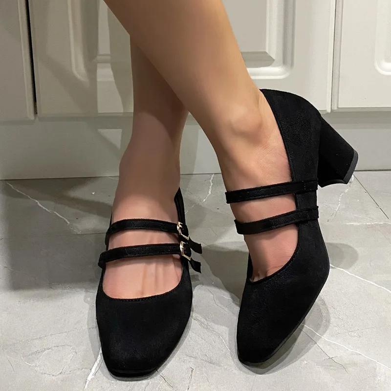 2025 New Shoes Female Buckle Strap Women's High Heels Round Toe Office and Career Hot Sale Plus Size Solid High Heels