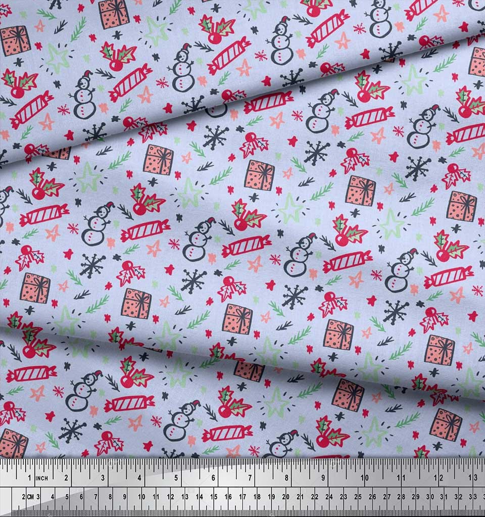 Soimoi White Japan Crepe Satin Fabric Snowman,Candies & Gift Box Christmas Fabric Prints By metre 42 Inch