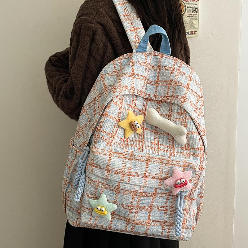 Japanese Style Literary And Artistic Small Fresh Plaid Schoolbag, High School Student Campus Backpack Female Corduroy Backpack Female
