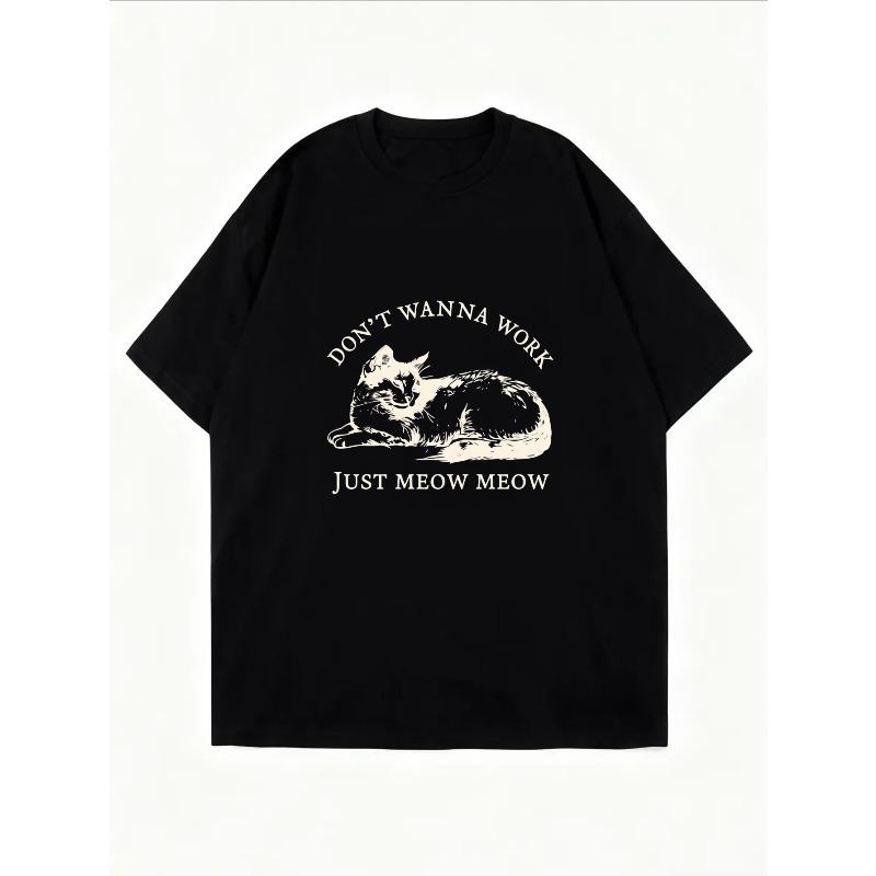 White Crew Neck T Shirt With Cat And Text Just Wanna Work Just Meow About Casual Wear For Women