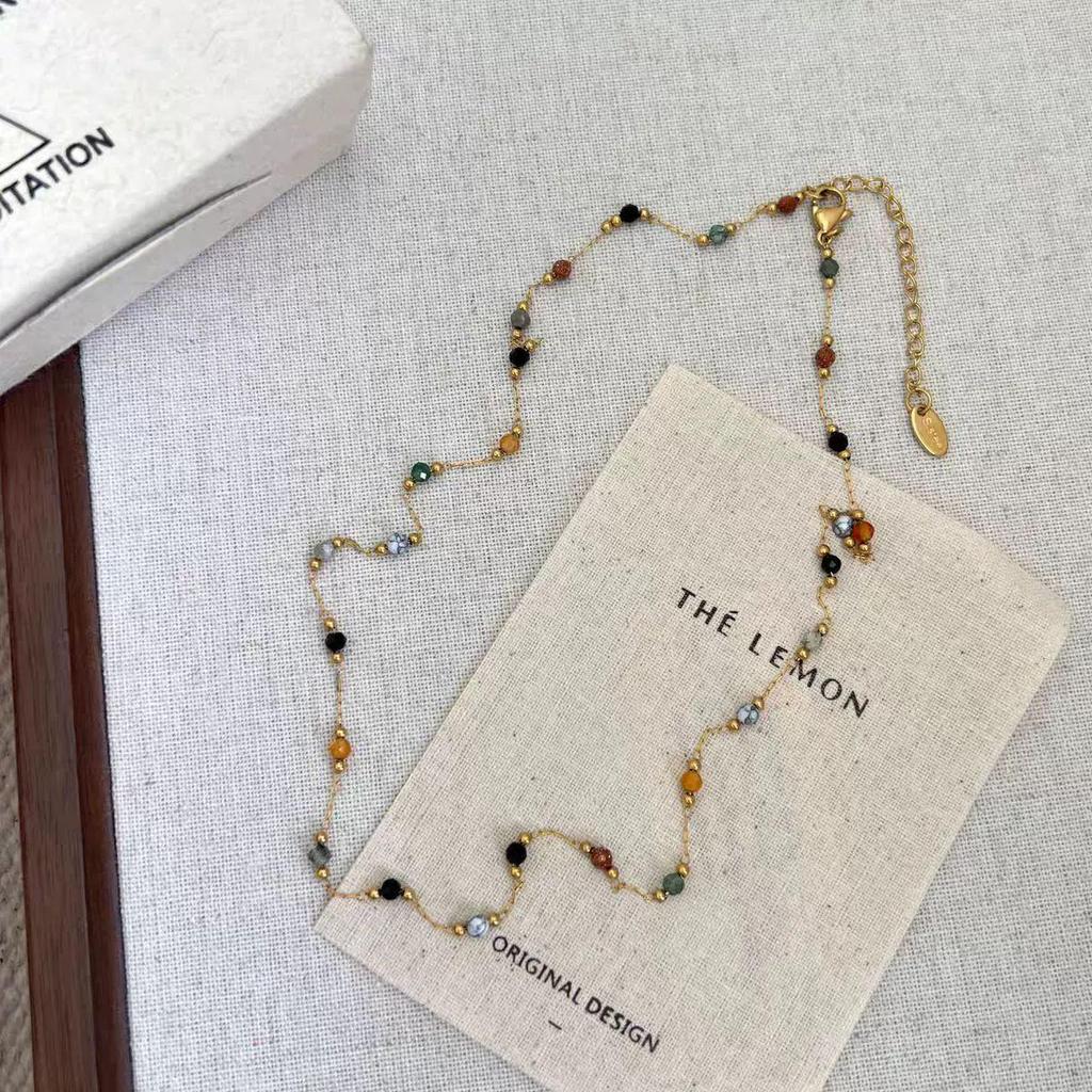Summer Style Colorful Gravel Necklace & Bracelet Set - Versatile, Niche, and Girlish Clavicle Chain for Women’s Fashion
