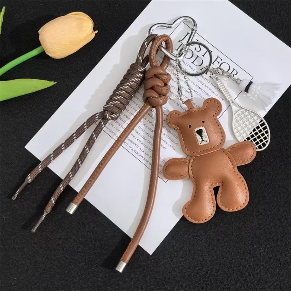 

Cartoon Bear Racket Keychain Woven Rope Little Bear Bag Hanging Leather Bag Pendant Friendship коричневий