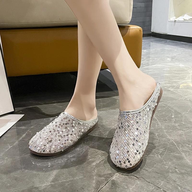 Fashion 2025Spring Fashion Baotou Slippers for  Round Head Sequin Cloth Mesh Breathable Soft Sole Anti-slip Wear-resistant Flat Shoes