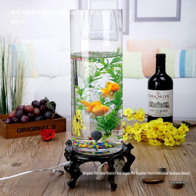 Large Floor-Standing Cylindrical Glass Fish Tank with Thick Transparent Glass for Goldfish, Oxygenation & Desktop Landscaping