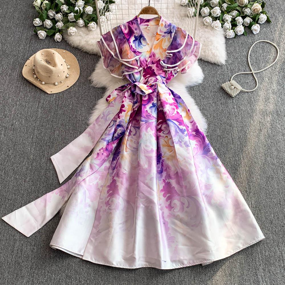 

Элегантные длинные платья с цветочным принтом для женщин, летние, праздничные, с рукавами-рюшами, цельные, запашные, с V-образным вырезом, винтажные, ретро, вечерние XXL фиолетовый