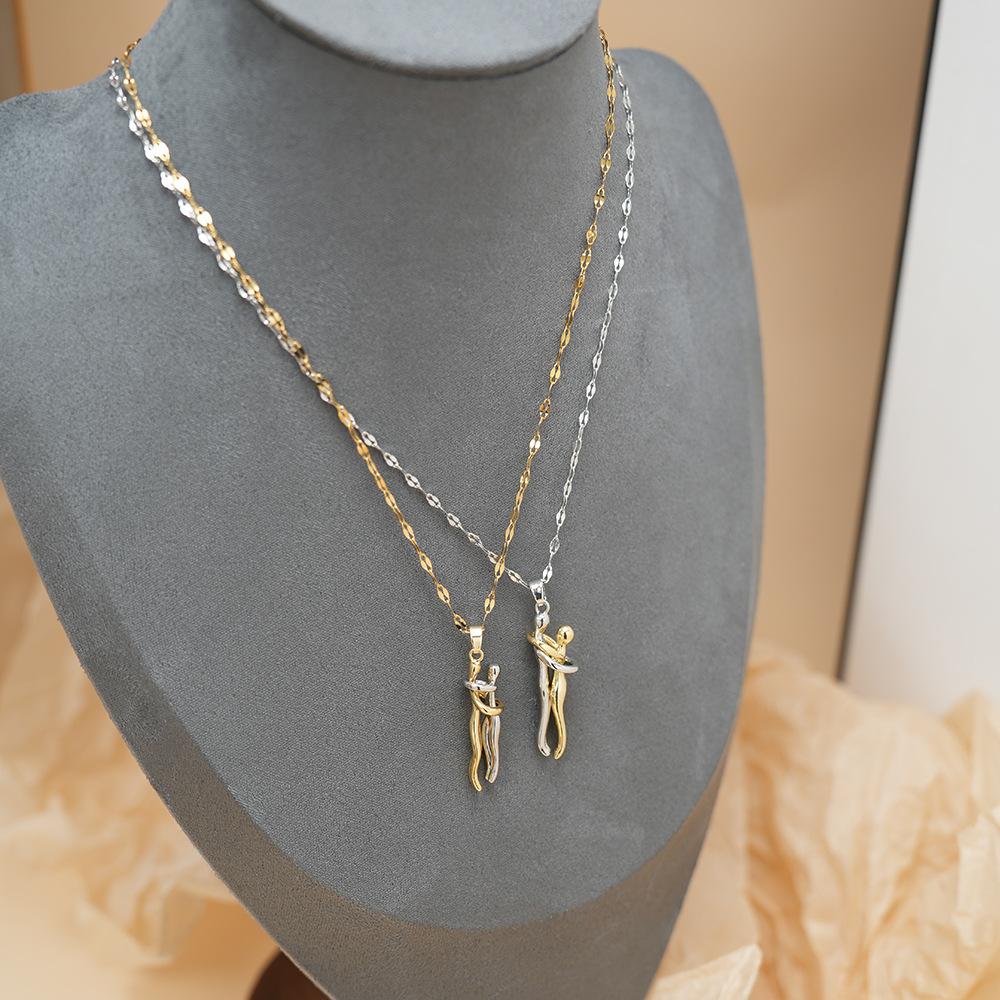 LATS Stainless Steel Couple Hugging Pendant Necklace for Women Men Silver Love Chain Good Friend Gifts Jewelry