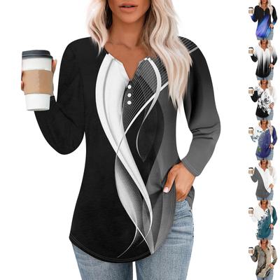 Women's T Shirt Tee Button  Print Long Sleeve Daily Weekend Fashion Basic V-Neck Top