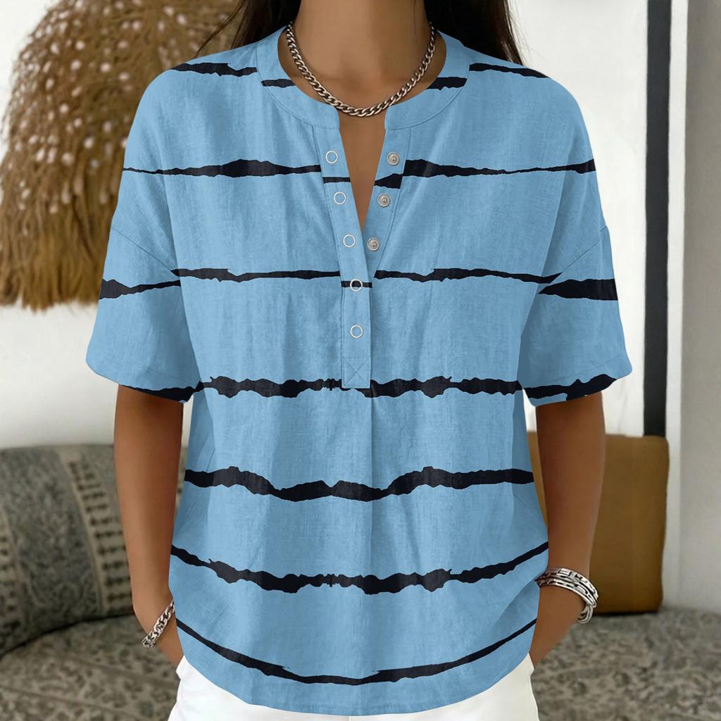 Women's Fashion V Neck Pullover Shirt Short Sleeve Casual Blouse Lightweight Loose Fit Top with Button Detail and Horizontal Stripe Pattern