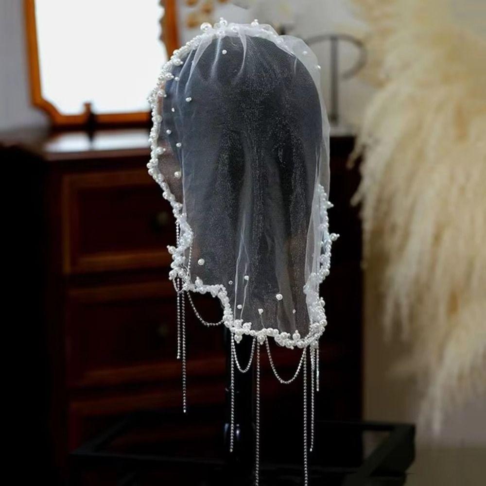 Pearls Beads Brides Veil Short Bride Head Gauze Vintage Wedding Veils  Headwear