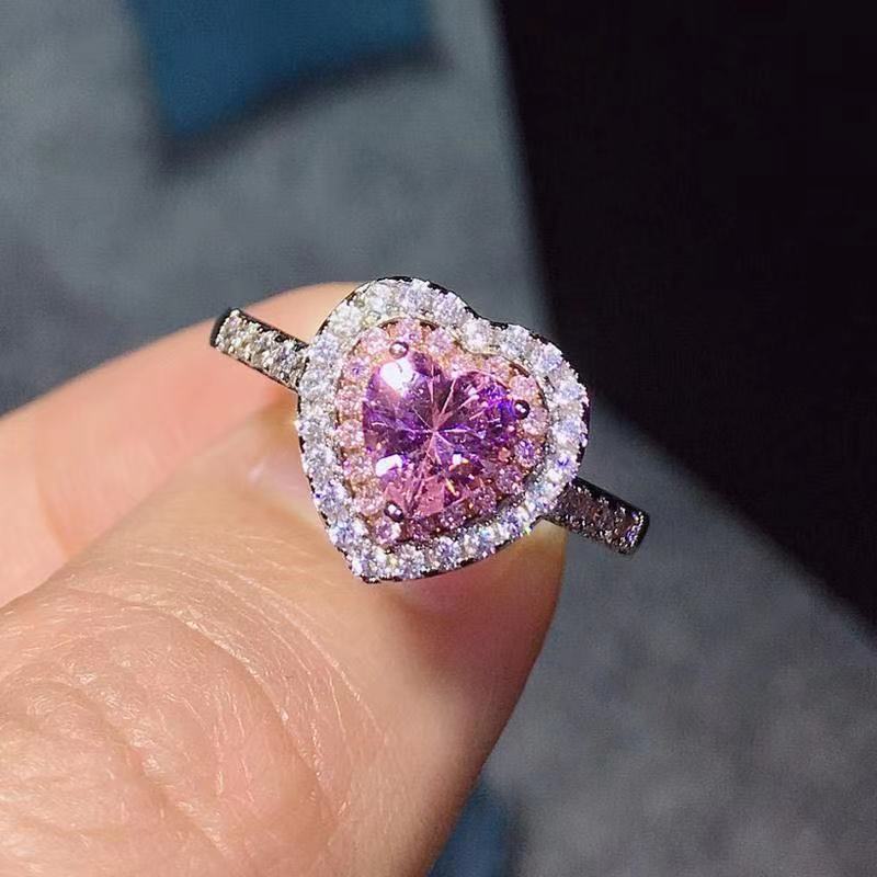 Hot Luxury Heart Shape Pink Silver Color Cute  Promise Ring for Women Girl Party Wedding Gift Trendy Jewelry Size 6-11