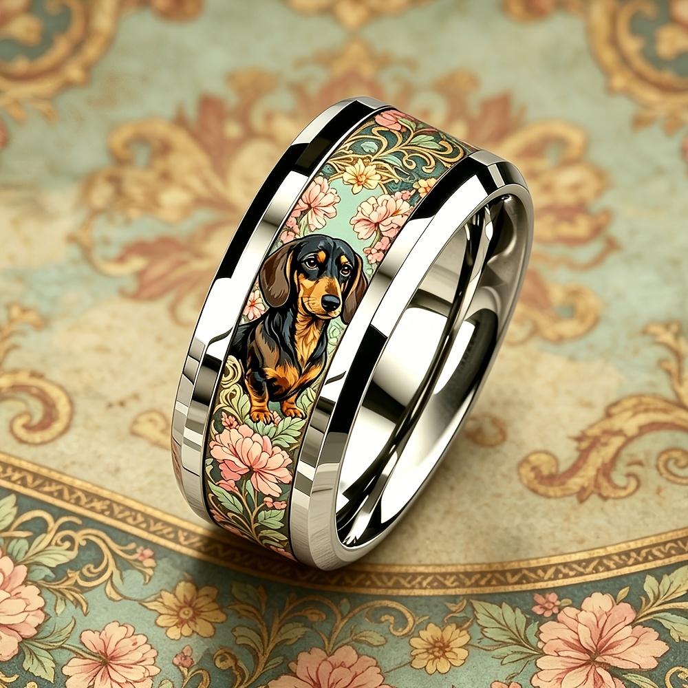 Cute Dachshund Dog Pink Floral Pattern Ring Fashion Men Stainless Steel Ring Cute Pet Daily Wear Stackable Ring Wedding Jewelry