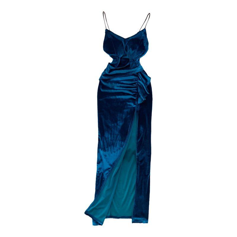 Retro Backless Slit Velvet Dress Evening Gown