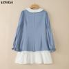 VONDA Elegant Women Lapel Neck Long Sleeve Patchwork Ruffled Shirts Dress