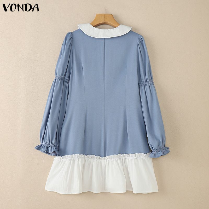 VONDA Elegant Women Lapel Neck Long Sleeve Patchwork Ruffled Shirts Dress