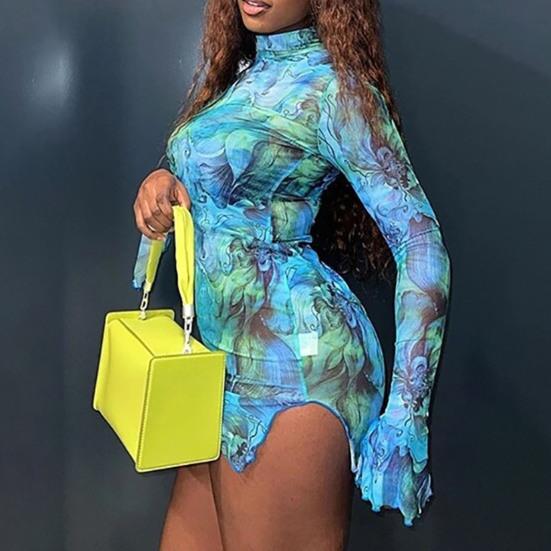 

Водолазка Flare Elegent Beauty Леди Платье Абстрактный галстук-краситель Принт Сплит Высокий Бодикон Платье Сексуальная Сторона Длинные рукава Эластичный Прозрачный Мини