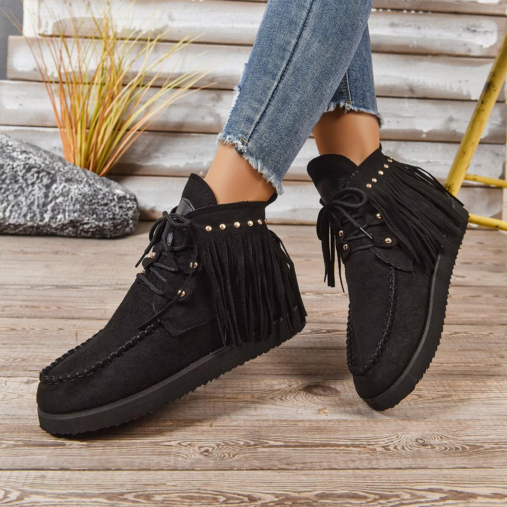 Fashion Women Ankle Boots 2025 New Round Toe Snow Boots Ladies Retro Outdoor Casual Shoes Fringe Winter Comfortable Luxury Women Shoes