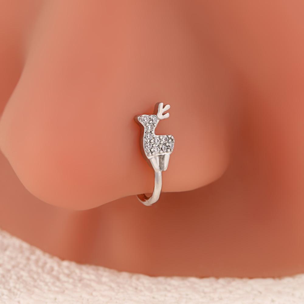 Diamond-Encrusted Christmas Elk U-Shaped Nose Clip, Fashionable And Personalized Zircon-Encrusted Deer Nose Decoration, Simple Copper-Plated Nose Ring