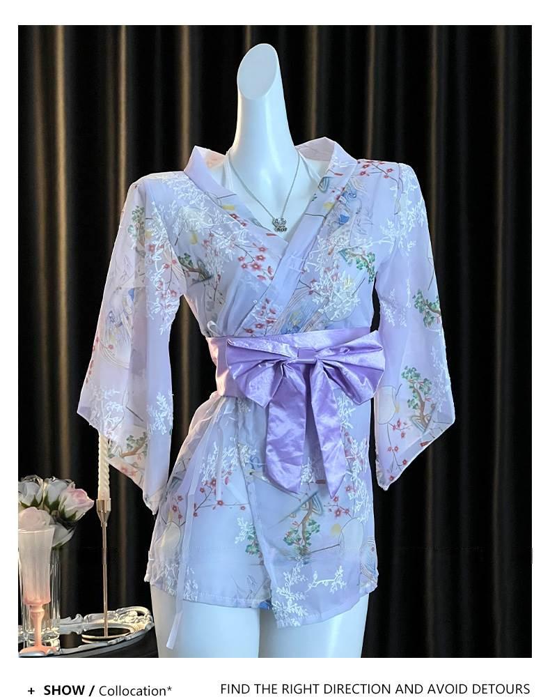 Elegant Japanese Chiffon Kimono Nightgown with Bow Embroidery