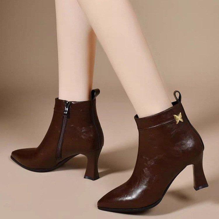 Autumn and winter new thin heel soft sole medium heel single boots pointed high heels short boots hand-scratched fashion boots