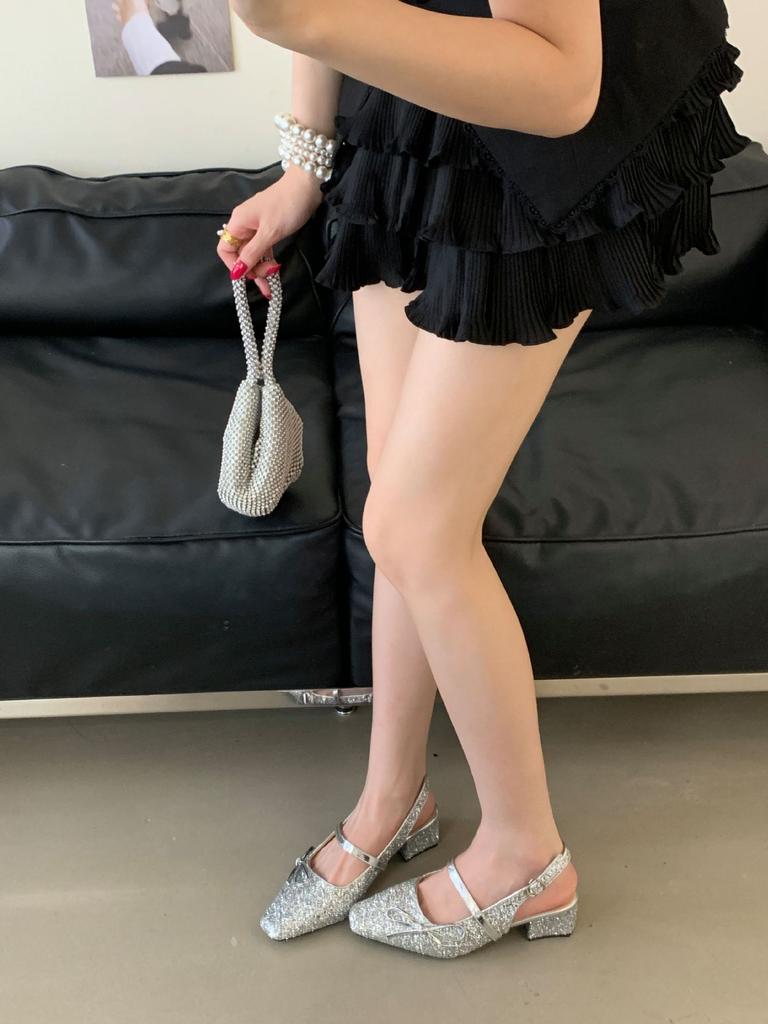 2025 New Autumn Square Head Back Empty Bow Thick Heel Shallow Mouth Versatile OL Commuter Professional Women's Single Shoes