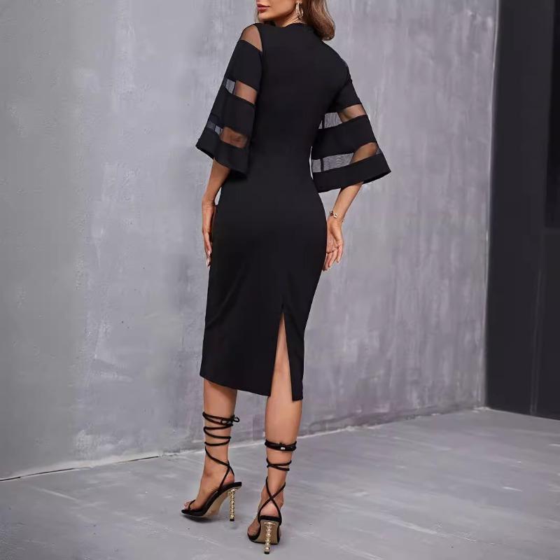 Women's Fashion Summer Spring Solid Color Print 3/4 Sleeves O-Neck High Waist Casual Dresses
